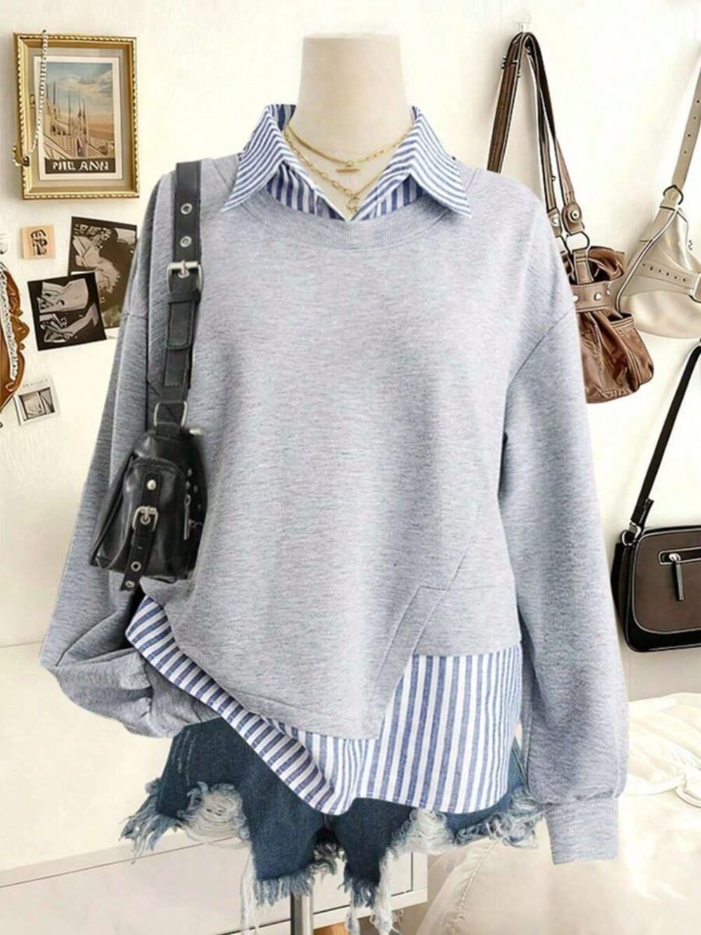 Multicolor Casual Women's Loose Fit Striped Drop-Shoulder Pullover Sweatshirt